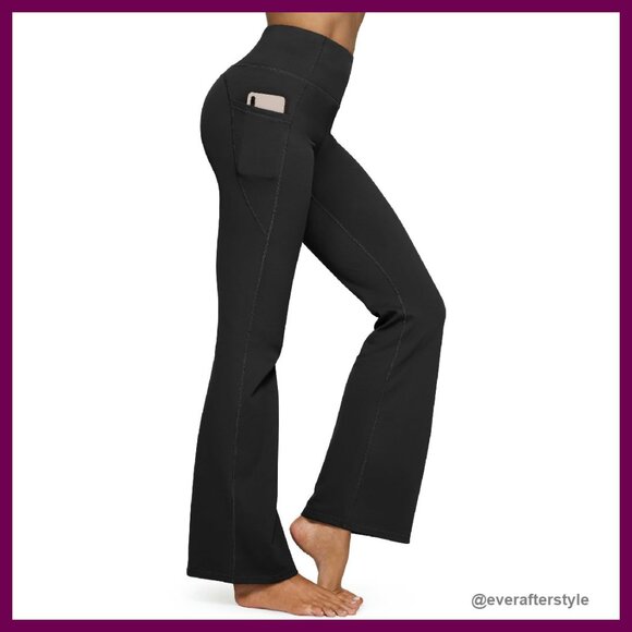 Fleece Lined Flare Leggings High Waisted Winter Thermal Yoga Pants with Pockets